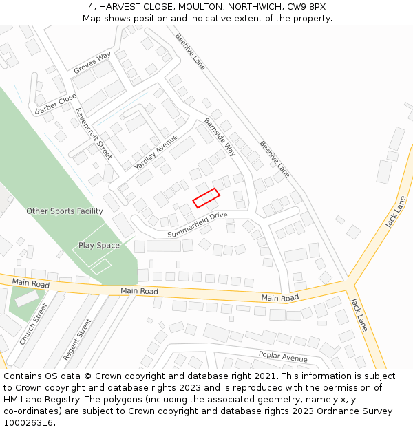4, HARVEST CLOSE, MOULTON, NORTHWICH, CW9 8PX: Location map and indicative extent of plot