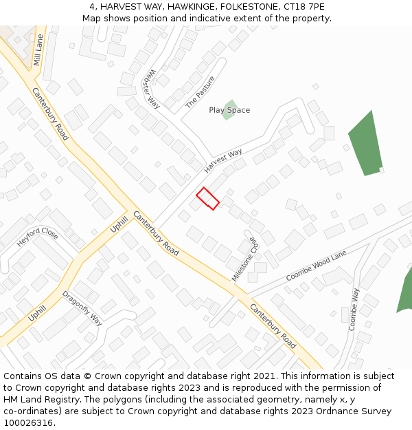 4, HARVEST WAY, HAWKINGE, FOLKESTONE, CT18 7PE: Location map and indicative extent of plot