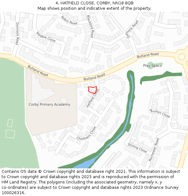 4, HATFIELD CLOSE, CORBY, NN18 8QB: Location map and indicative extent of plot