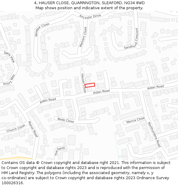 4, HAUSER CLOSE, QUARRINGTON, SLEAFORD, NG34 8WD: Location map and indicative extent of plot