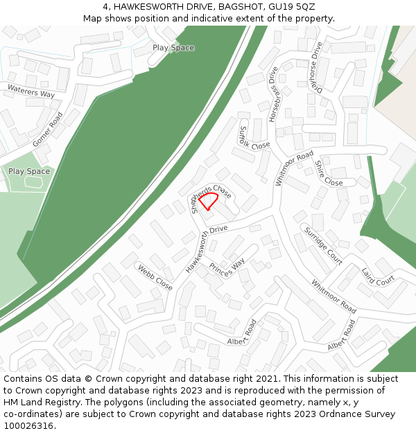 4, HAWKESWORTH DRIVE, BAGSHOT, GU19 5QZ: Location map and indicative extent of plot