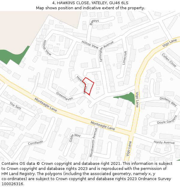 4, HAWKINS CLOSE, YATELEY, GU46 6LS: Location map and indicative extent of plot