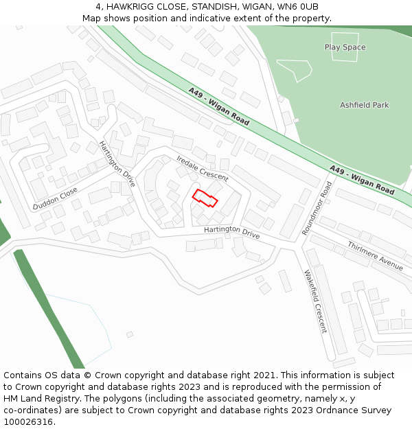 4, HAWKRIGG CLOSE, STANDISH, WIGAN, WN6 0UB: Location map and indicative extent of plot