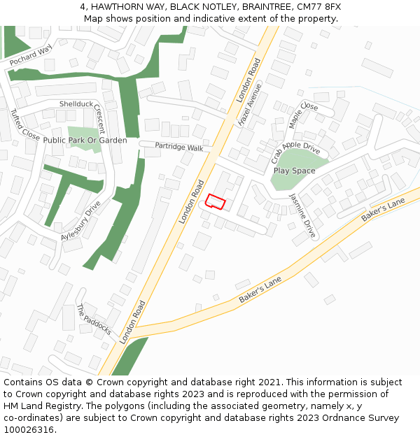 4, HAWTHORN WAY, BLACK NOTLEY, BRAINTREE, CM77 8FX: Location map and indicative extent of plot