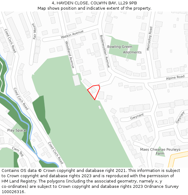 4, HAYDEN CLOSE, COLWYN BAY, LL29 9PB: Location map and indicative extent of plot