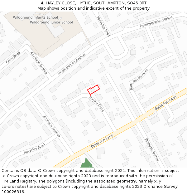 4, HAYLEY CLOSE, HYTHE, SOUTHAMPTON, SO45 3RT: Location map and indicative extent of plot