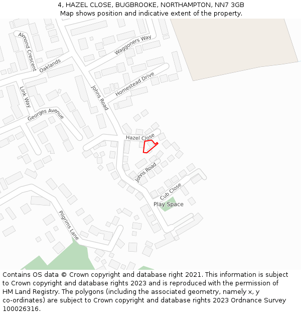 4, HAZEL CLOSE, BUGBROOKE, NORTHAMPTON, NN7 3GB: Location map and indicative extent of plot