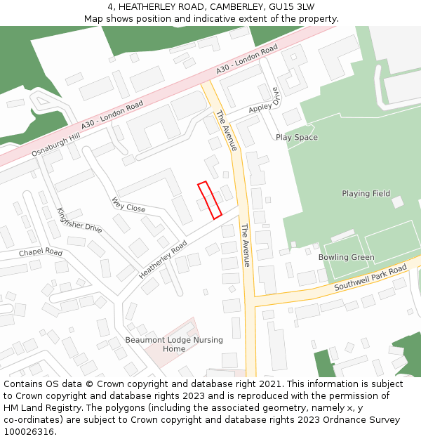 4, HEATHERLEY ROAD, CAMBERLEY, GU15 3LW: Location map and indicative extent of plot