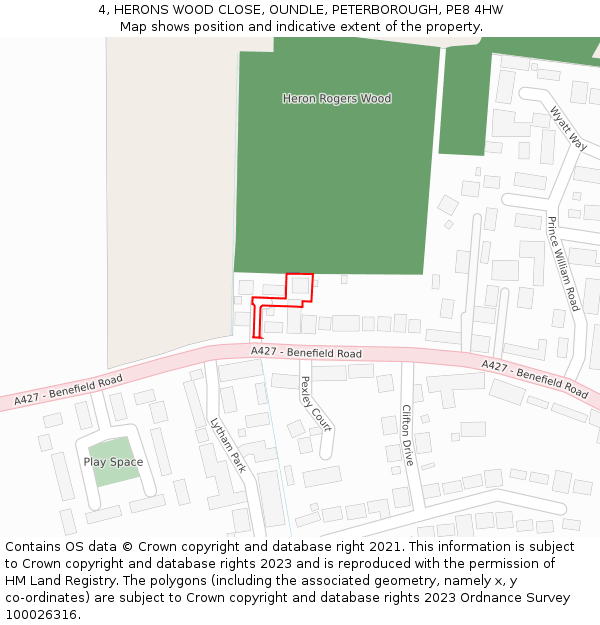 4, HERONS WOOD CLOSE, OUNDLE, PETERBOROUGH, PE8 4HW: Location map and indicative extent of plot