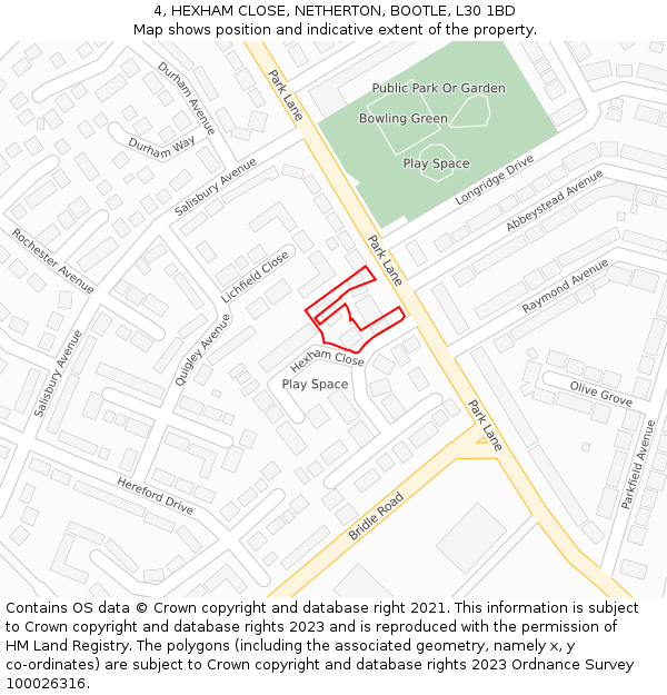 4, HEXHAM CLOSE, NETHERTON, BOOTLE, L30 1BD: Location map and indicative extent of plot