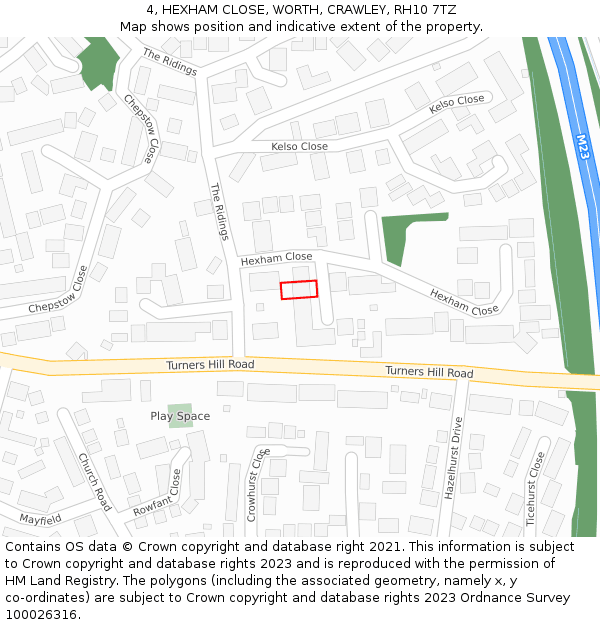 4, HEXHAM CLOSE, WORTH, CRAWLEY, RH10 7TZ: Location map and indicative extent of plot