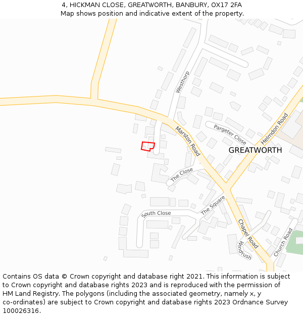 4, HICKMAN CLOSE, GREATWORTH, BANBURY, OX17 2FA: Location map and indicative extent of plot