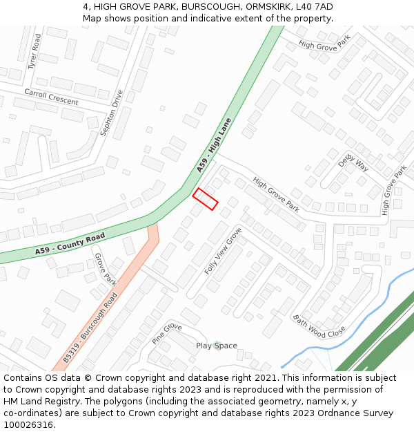 4, HIGH GROVE PARK, BURSCOUGH, ORMSKIRK, L40 7AD: Location map and indicative extent of plot