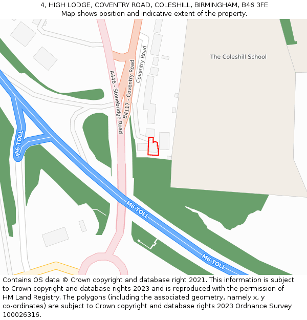 4, HIGH LODGE, COVENTRY ROAD, COLESHILL, BIRMINGHAM, B46 3FE: Location map and indicative extent of plot