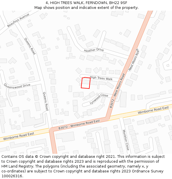 4, HIGH TREES WALK, FERNDOWN, BH22 9SF: Location map and indicative extent of plot