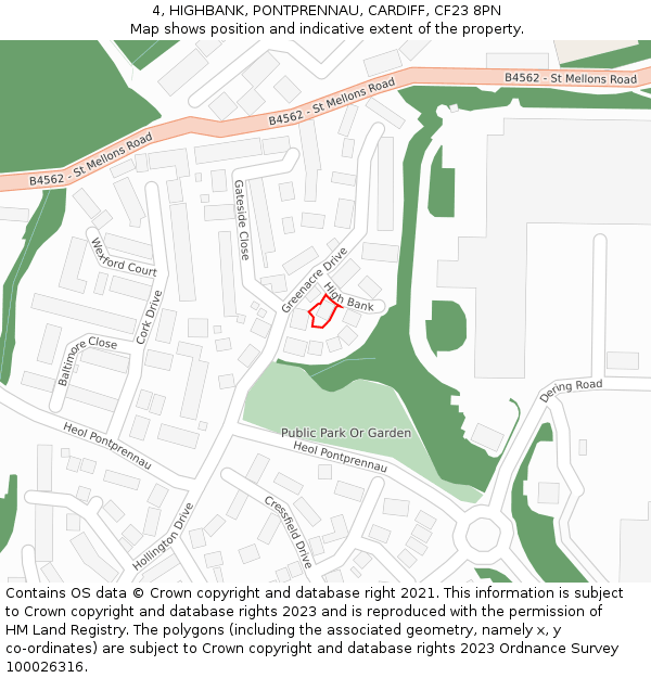 4, HIGHBANK, PONTPRENNAU, CARDIFF, CF23 8PN: Location map and indicative extent of plot