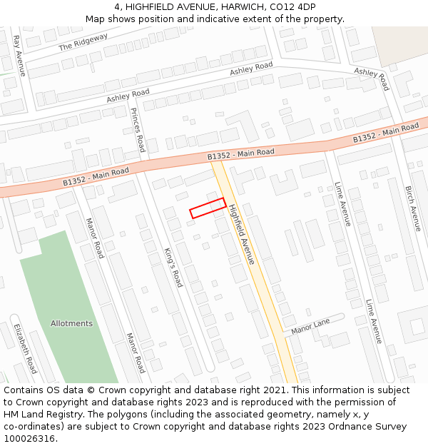 4, HIGHFIELD AVENUE, HARWICH, CO12 4DP: Location map and indicative extent of plot