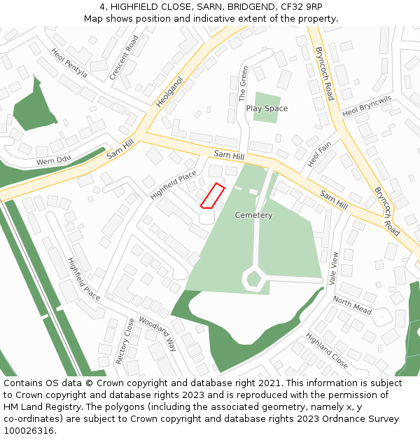 4, HIGHFIELD CLOSE, SARN, BRIDGEND, CF32 9RP: Location map and indicative extent of plot