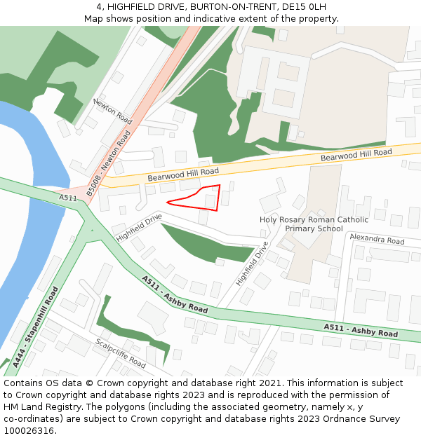 4, HIGHFIELD DRIVE, BURTON-ON-TRENT, DE15 0LH: Location map and indicative extent of plot
