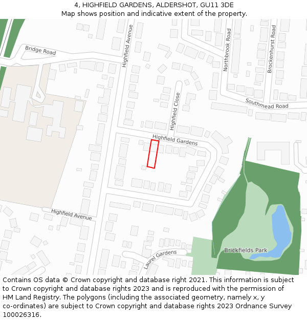 4, HIGHFIELD GARDENS, ALDERSHOT, GU11 3DE: Location map and indicative extent of plot