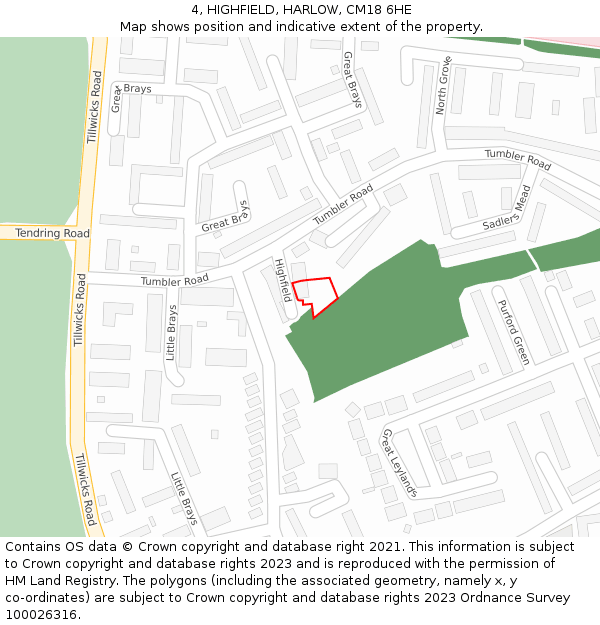 4, HIGHFIELD, HARLOW, CM18 6HE: Location map and indicative extent of plot