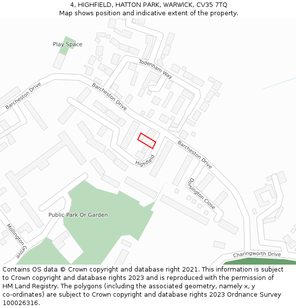 4, HIGHFIELD, HATTON PARK, WARWICK, CV35 7TQ: Location map and indicative extent of plot