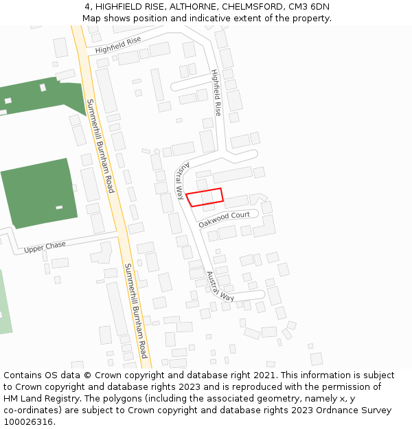 4, HIGHFIELD RISE, ALTHORNE, CHELMSFORD, CM3 6DN: Location map and indicative extent of plot
