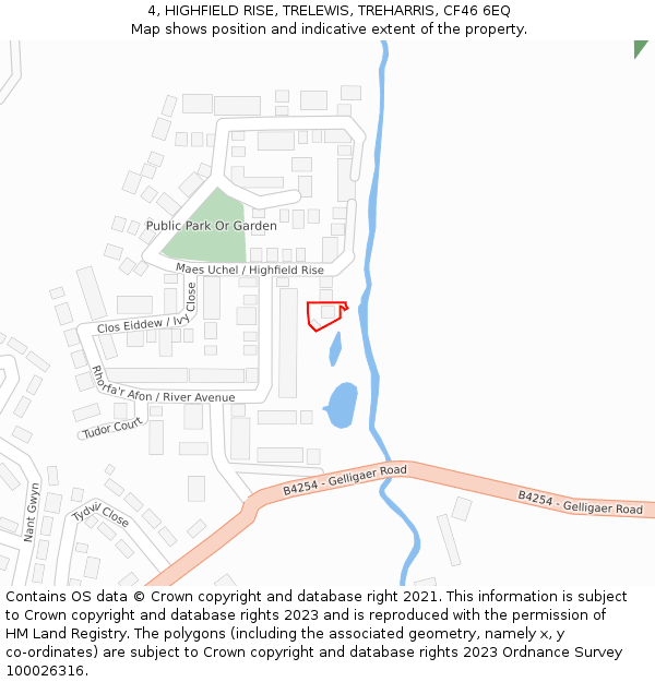 4, HIGHFIELD RISE, TRELEWIS, TREHARRIS, CF46 6EQ: Location map and indicative extent of plot