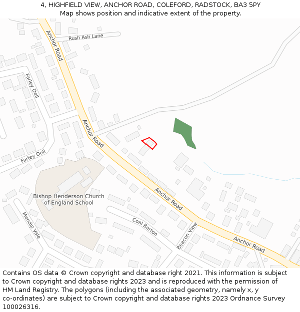 4, HIGHFIELD VIEW, ANCHOR ROAD, COLEFORD, RADSTOCK, BA3 5PY: Location map and indicative extent of plot