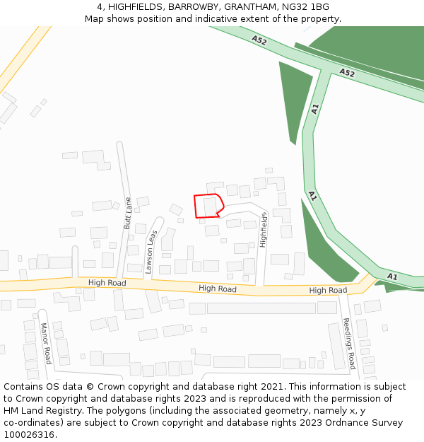 4, HIGHFIELDS, BARROWBY, GRANTHAM, NG32 1BG: Location map and indicative extent of plot