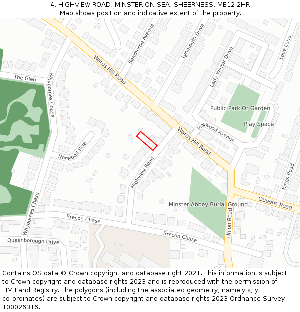 4, HIGHVIEW ROAD, MINSTER ON SEA, SHEERNESS, ME12 2HR: Location map and indicative extent of plot