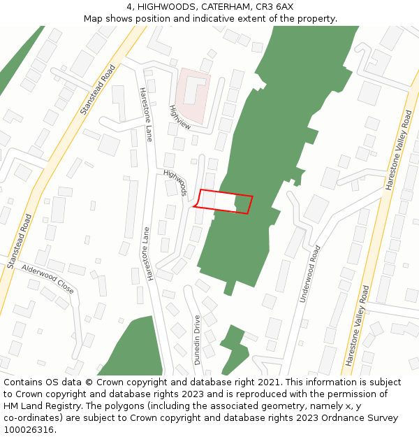 4, HIGHWOODS, CATERHAM, CR3 6AX: Location map and indicative extent of plot