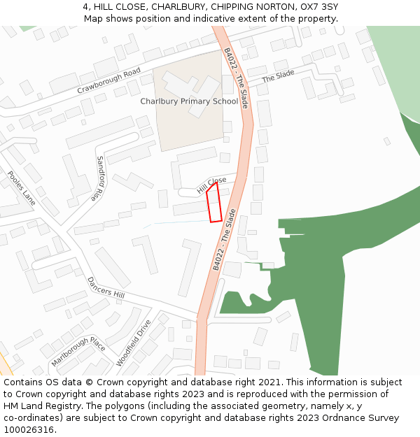 4, HILL CLOSE, CHARLBURY, CHIPPING NORTON, OX7 3SY: Location map and indicative extent of plot