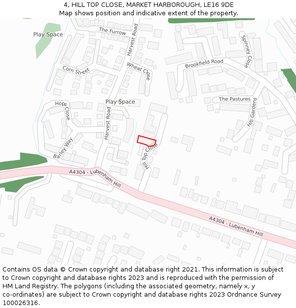4, HILL TOP CLOSE, MARKET HARBOROUGH, LE16 9DE: Location map and indicative extent of plot