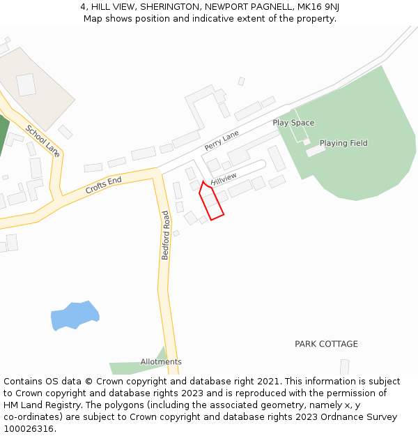 4, HILL VIEW, SHERINGTON, NEWPORT PAGNELL, MK16 9NJ: Location map and indicative extent of plot