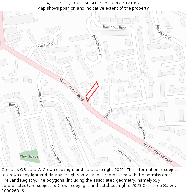 4, HILLSIDE, ECCLESHALL, STAFFORD, ST21 6JZ: Location map and indicative extent of plot