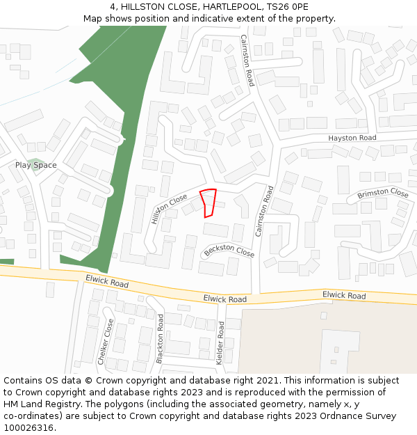 4, HILLSTON CLOSE, HARTLEPOOL, TS26 0PE: Location map and indicative extent of plot