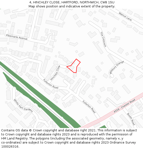 4, HINCHLEY CLOSE, HARTFORD, NORTHWICH, CW8 1SU: Location map and indicative extent of plot