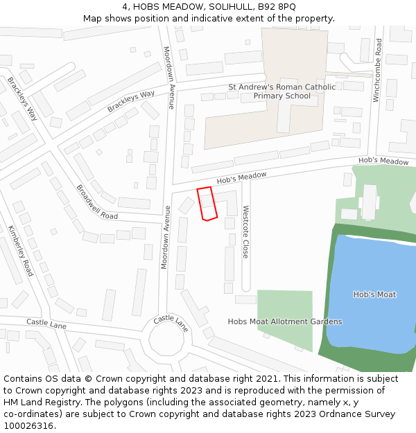 4, HOBS MEADOW, SOLIHULL, B92 8PQ: Location map and indicative extent of plot