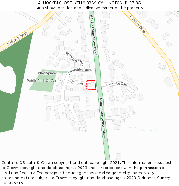 4, HOCKIN CLOSE, KELLY BRAY, CALLINGTON, PL17 8GJ: Location map and indicative extent of plot