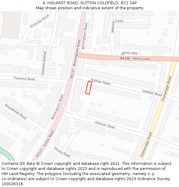 4, HOLIFAST ROAD, SUTTON COLDFIELD, B72 1AP: Location map and indicative extent of plot