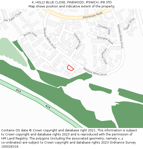 4, HOLLY BLUE CLOSE, PINEWOOD, IPSWICH, IP8 3TD: Location map and indicative extent of plot