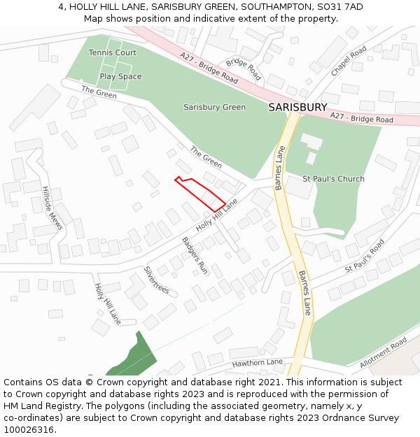 4, HOLLY HILL LANE, SARISBURY GREEN, SOUTHAMPTON, SO31 7AD: Location map and indicative extent of plot