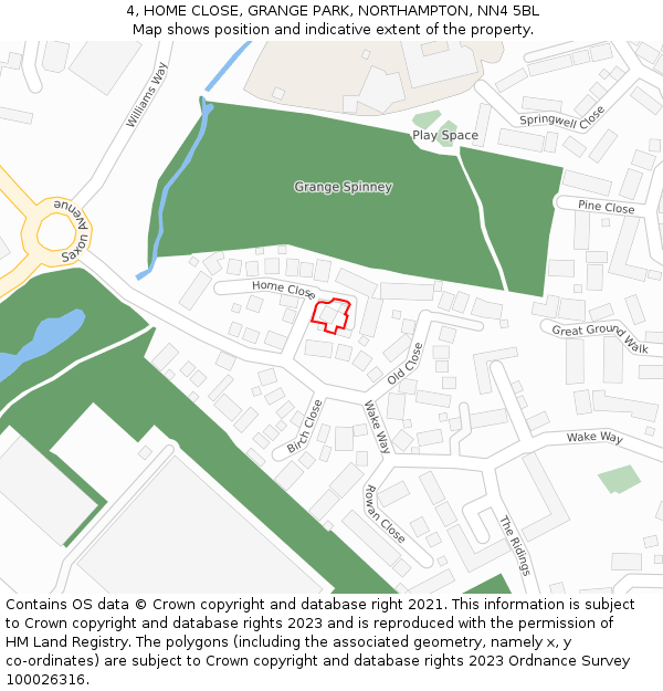 4, HOME CLOSE, GRANGE PARK, NORTHAMPTON, NN4 5BL: Location map and indicative extent of plot