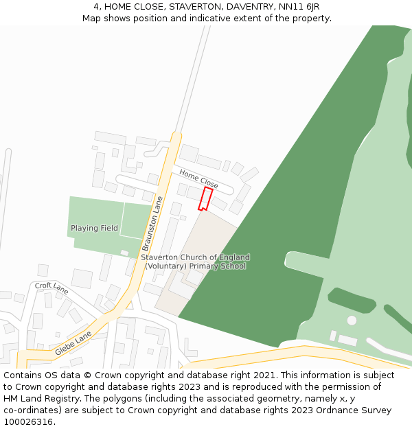 4, HOME CLOSE, STAVERTON, DAVENTRY, NN11 6JR: Location map and indicative extent of plot