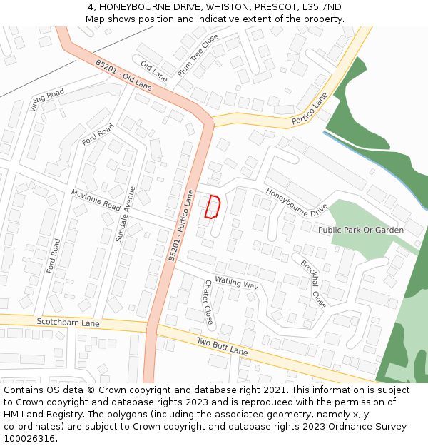 4, HONEYBOURNE DRIVE, WHISTON, PRESCOT, L35 7ND: Location map and indicative extent of plot