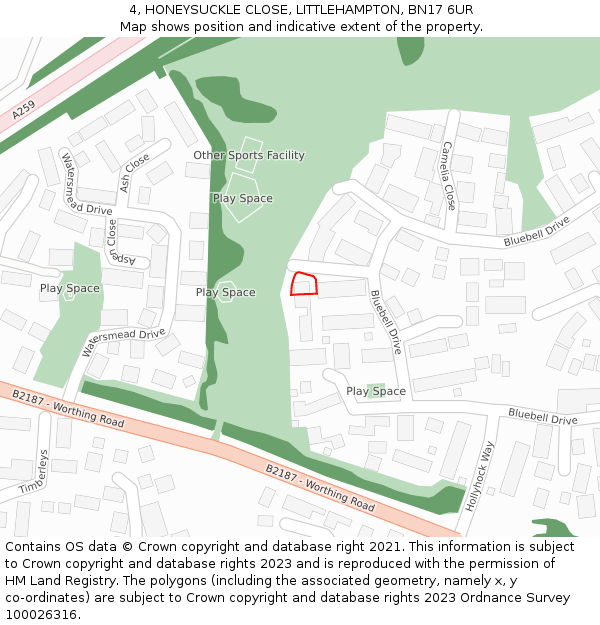 4, HONEYSUCKLE CLOSE, LITTLEHAMPTON, BN17 6UR: Location map and indicative extent of plot