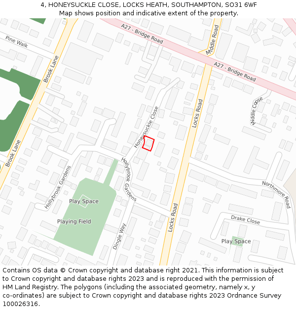 4, HONEYSUCKLE CLOSE, LOCKS HEATH, SOUTHAMPTON, SO31 6WF: Location map and indicative extent of plot