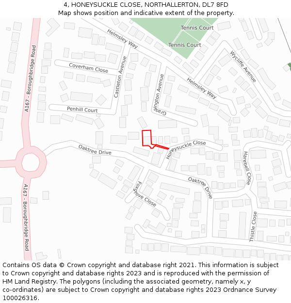 4, HONEYSUCKLE CLOSE, NORTHALLERTON, DL7 8FD: Location map and indicative extent of plot