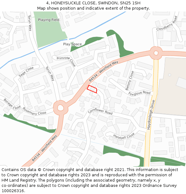 4, HONEYSUCKLE CLOSE, SWINDON, SN25 1SH: Location map and indicative extent of plot